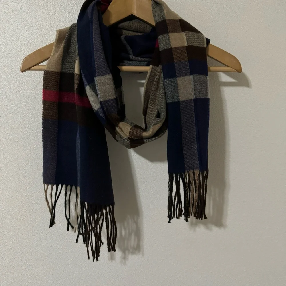 Cashmere Fringe Scarf Blue Tan Black Red Plaid Made in Germany-64x12”